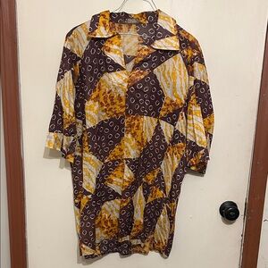 Brown and Yellow Geometric Patterned Shirt Dress